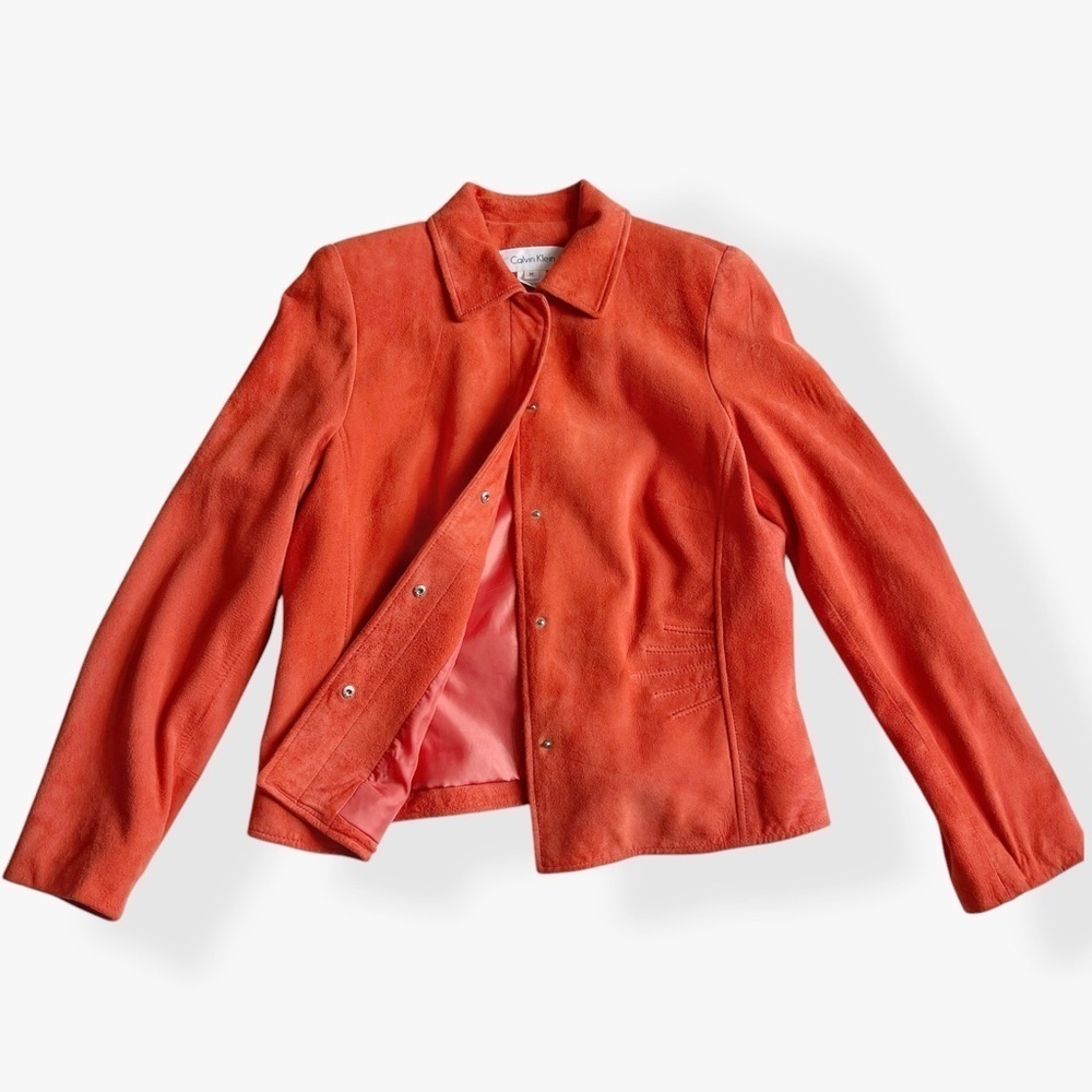 90s Calvin Klein Genuine Suede Leather Shirt Jacket Shacket Salmon Color M - Picture 6 of 12